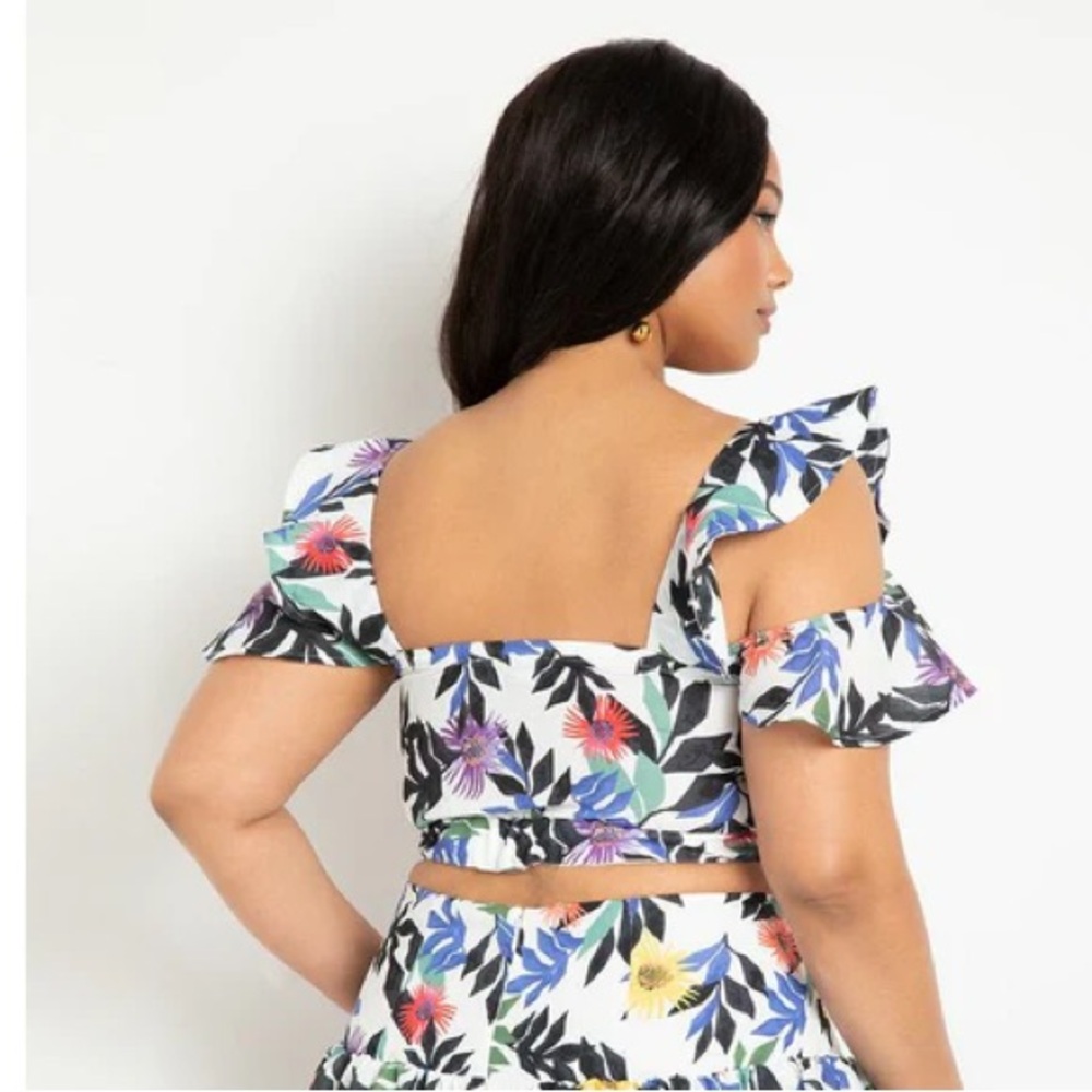 Eloquii Blouse Floral Bustier Top Cutout Front Ruffle Straps NEW